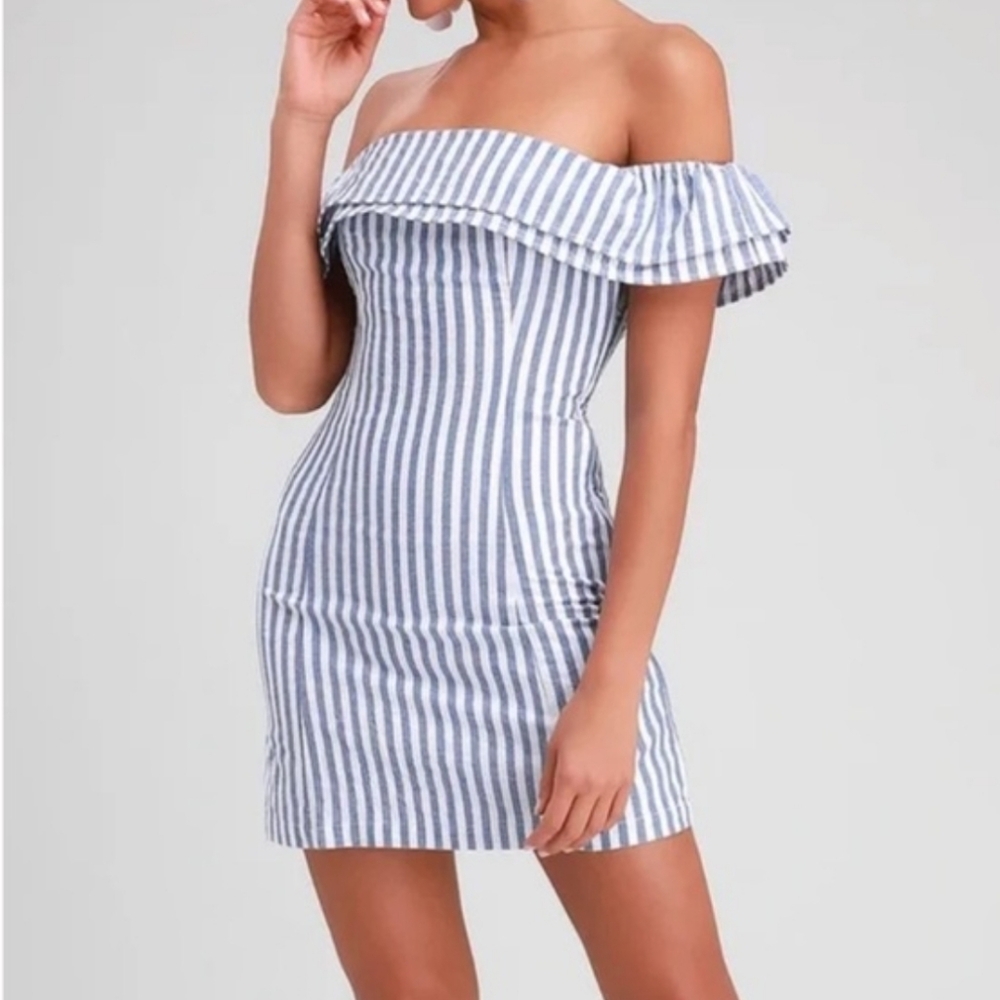 Lulus Blue & While Off-Shoulder Striped Mini Dress Size XS
